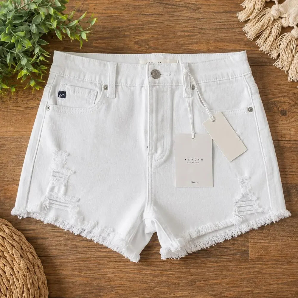 Kancan Women’s White Distressed Denim Shorts High Rise Frayed Hem NWT